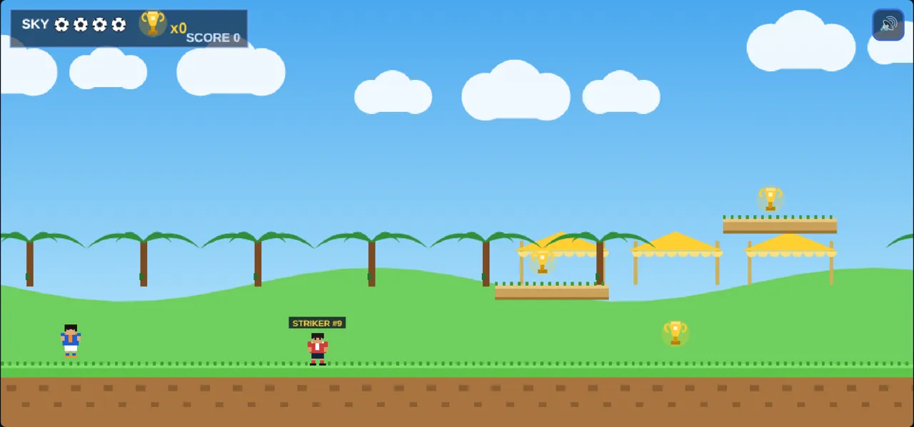 Gameplay from SKY: Soccer Quest, showing the player on a grassy pitch with a trophy and a rival striker